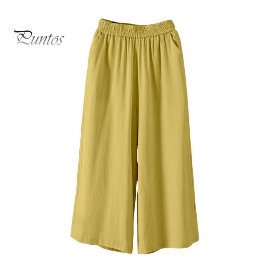 Женские укороченные брюки с эластичной резинкой на талии, широкие брюки со средней посадкой и карманами, однотонные свободные повседневные брюки