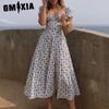 Summer Women's Square Collar Bubble Sleeve Floral Dress Fish Bone Skirt Holiday Tea Break Dress
