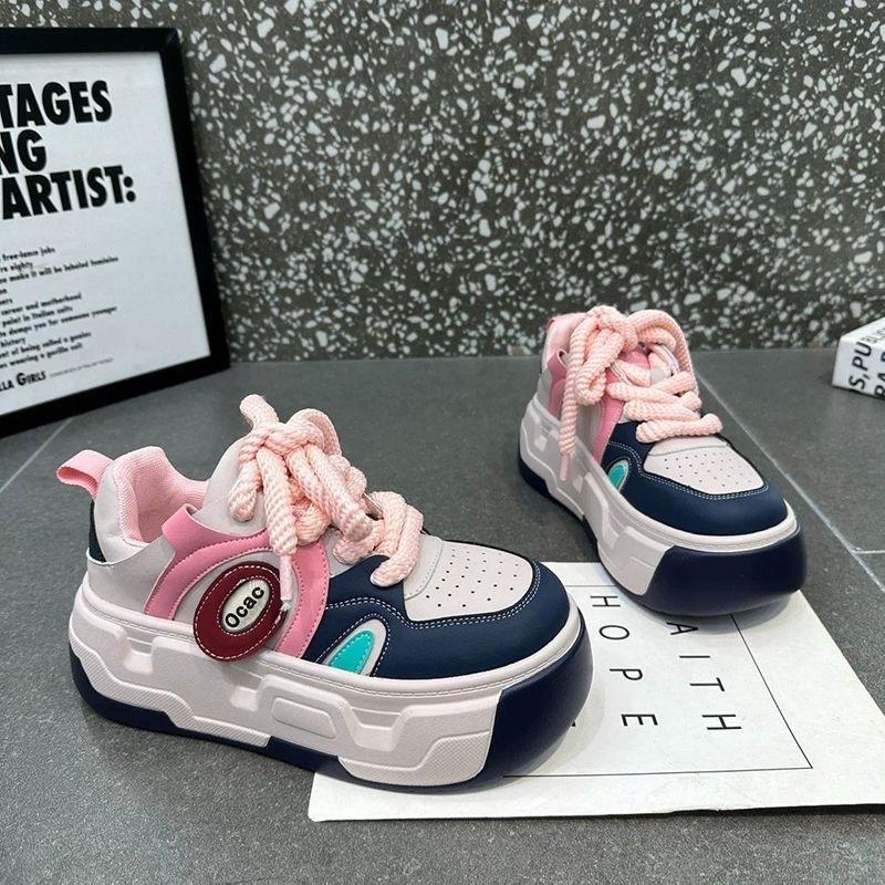 Korean Version of Super Fire Soft Leather Muffin Sole Fashionable Thick-soled Muffin Panda Shoes Little White Shoes Color Matching Ugly Cute Bread Sho