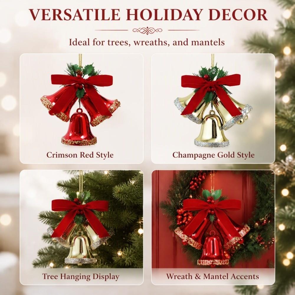 Triple-Bell Christmas Bell Hanging Ornament DIY Xmas Bow Bell Hanging Decor Indoor Decor Prop