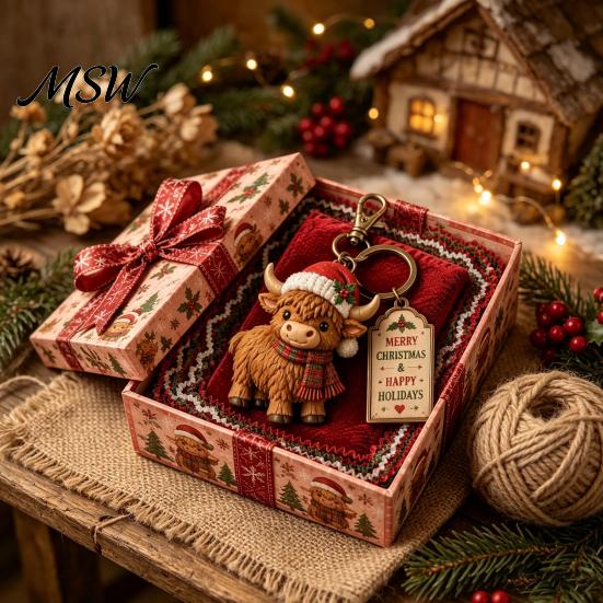 Small Gift for Friends Christmas Keychain with Box, Cute Santa Claus Snowman Highland Cow Tree Hanging Ornament Reindeer Bag Charm, Holiday