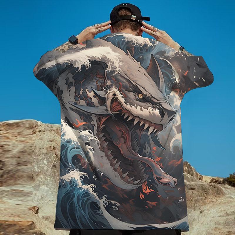 Футболки с акулами для мужчин с принтом 3d Ukiyo-E Fierce Beast Мужская одежда Уличные футболки Harajuku Повседневные футболки с короткими рукавами большого размера