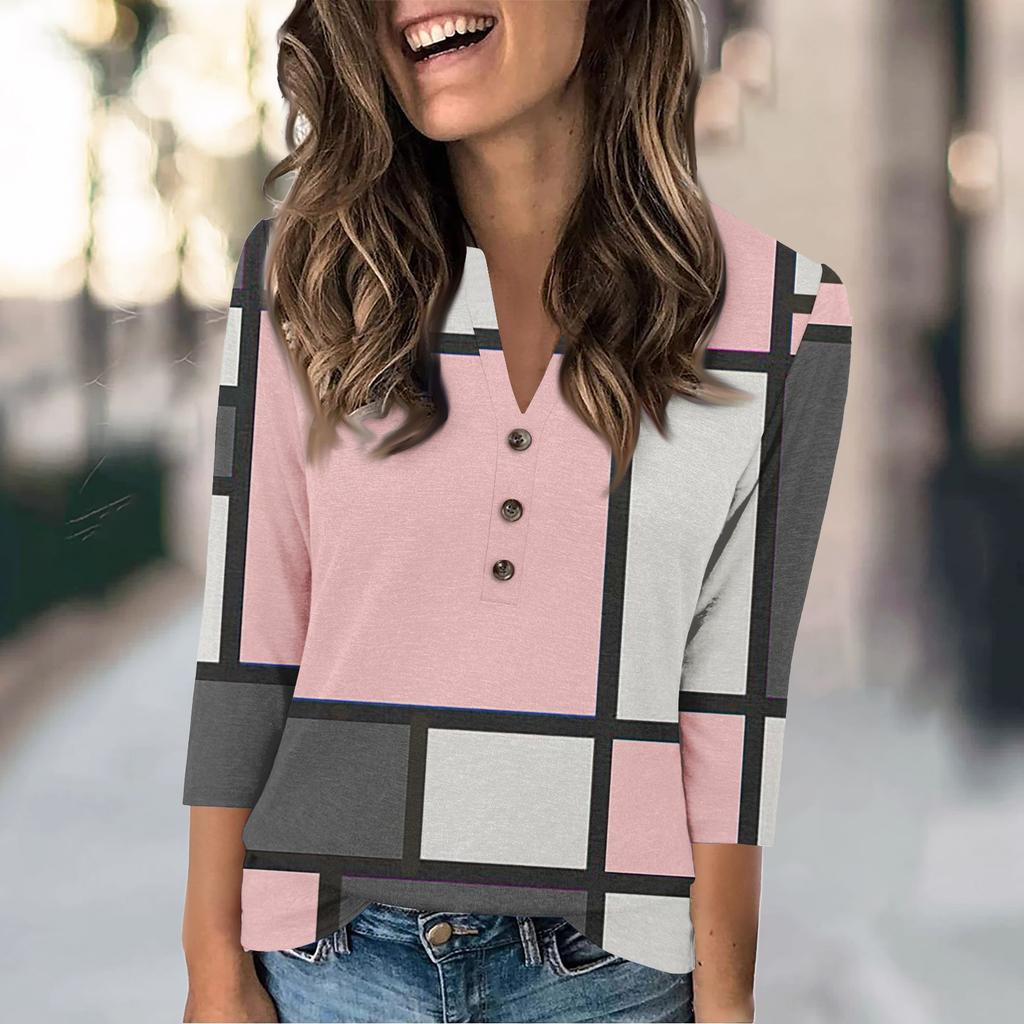 Women's Fashion Casual Loose 3/4 Sleeve Printed Round Neck Top