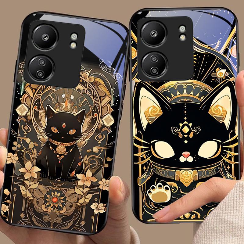 Черный Золотой Кот Для Xiaomi Redmi 13C Note13 12 Pro Plus 5G Note 9 13T Pro POCO X6 F5 F6 Черный Чехол для телефона из закаленного стекла