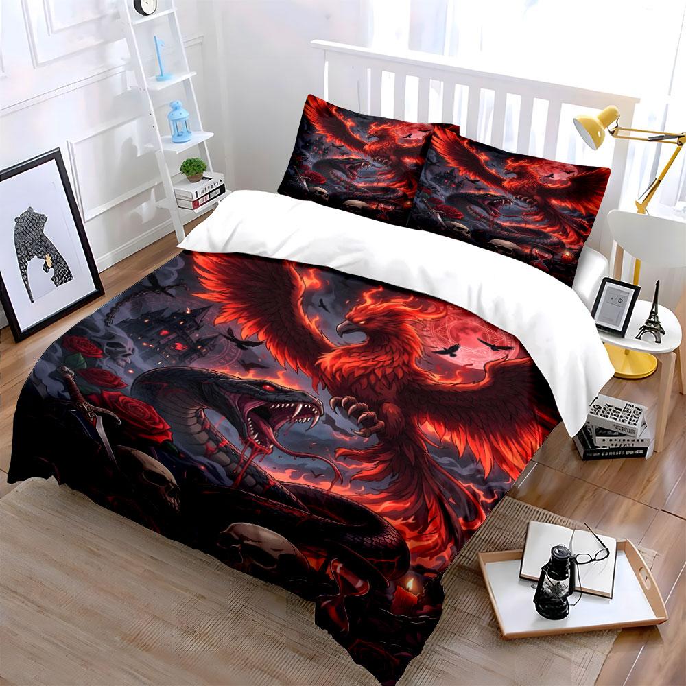 Fiery Phoenix and Serpent Design Bedding Duvet Cover Set (1*Duvet Cover 2*Pillowcases, without duvet insert)