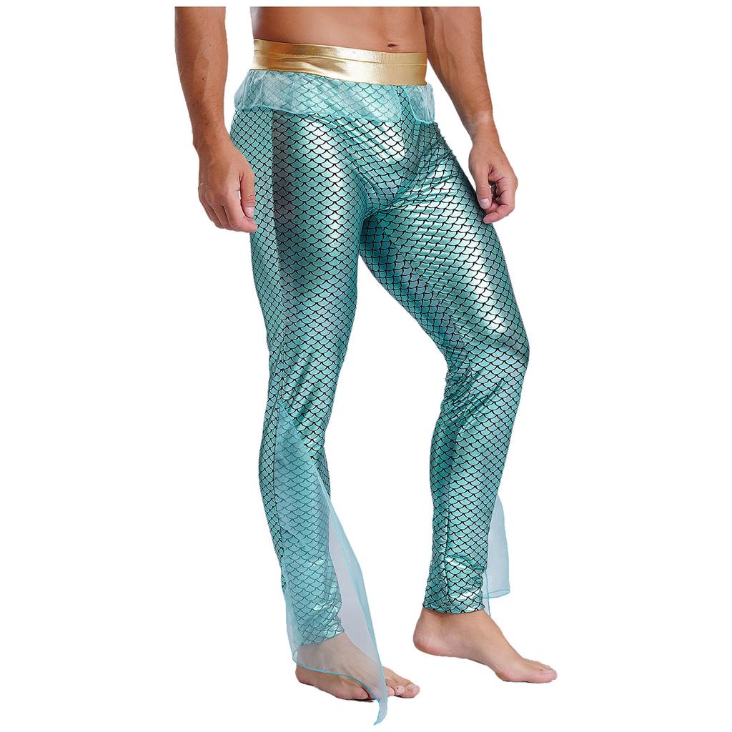Mens Mermaid Pants King of the Seas Costume Elastic Waist Metallic Shiny Fishscale Print Tights Leggings
