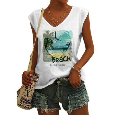 2024 Повседневная мода Hawai Beach Футболка женская кепка без рукавов Футболки с V-образным вырезом Базовые топы Пуловеры для отдыха Фитнес Летние майки