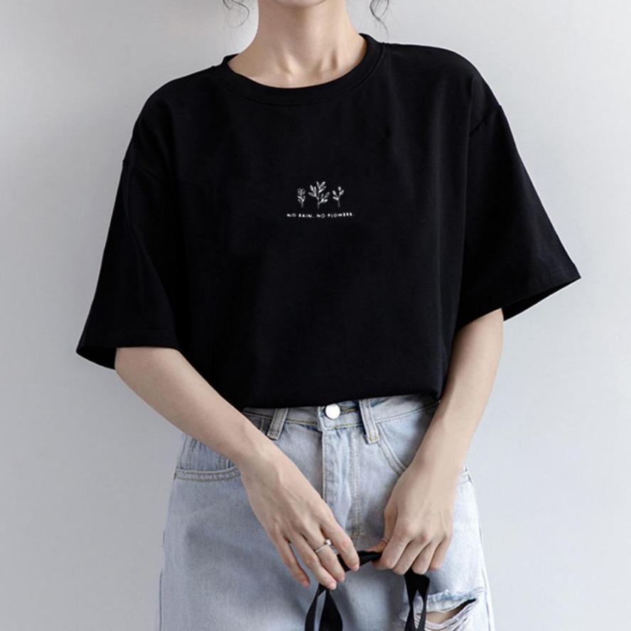 Summer Women Crew Neck T-shirt Loose Casual Solid Botanical Print Short Sleeve Tee T-shirts and Long Sleeves