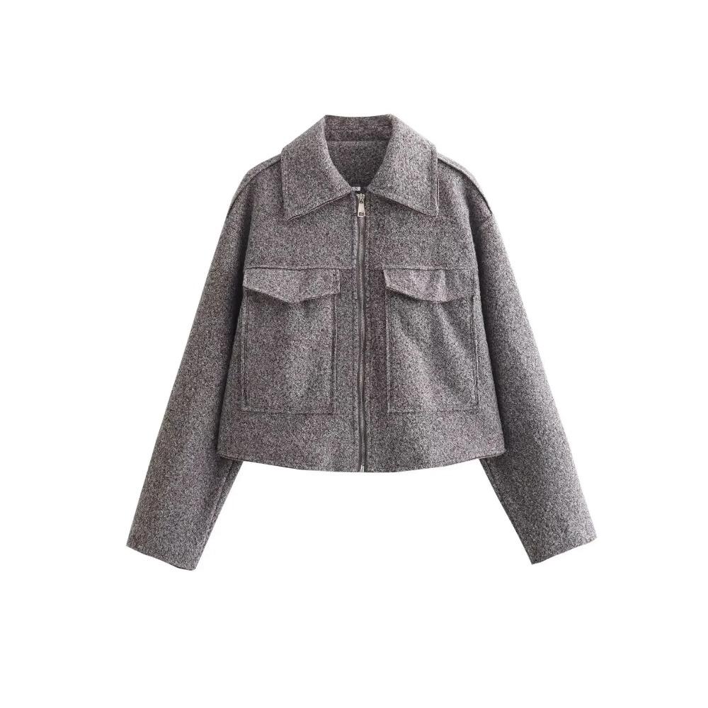 Autumn New Product Women's Fashion and Casual Versatile Polo Collar Long Sleeve Zipper Short Jacket Coat