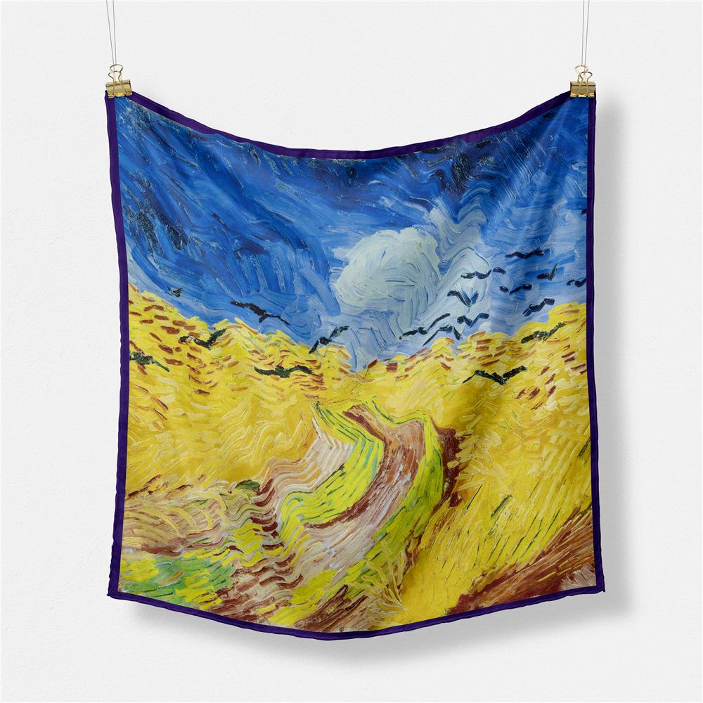 Famous Oil Painting Twill 100% Silk Scarf Fashion Bandana Women Scarf Wraps 53cm Square Scarves Hijab Head Scarf Neckerchief