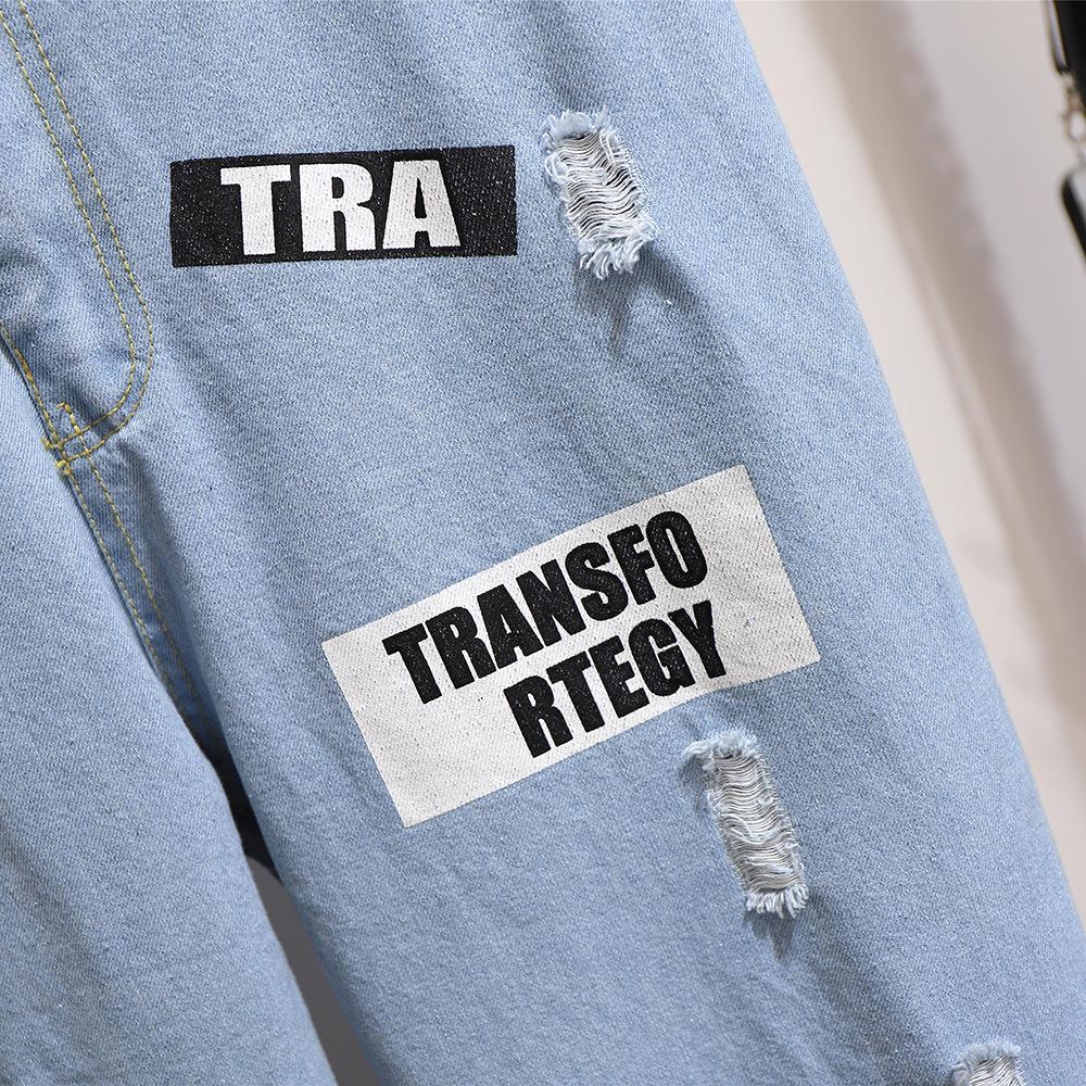 Джинсы деним больших размеров в корейском стиле с широкими штанинами, принтом в виде букв и потертостями