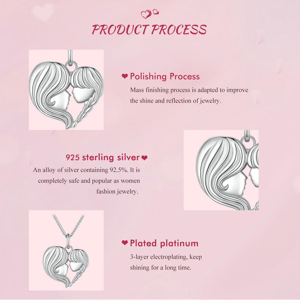 Bamoer 925 Sterling Silver Mother and Daughter Heart Shape Pendant Necklace for Women Birthday Mother's Day Gift Fine Jewelry