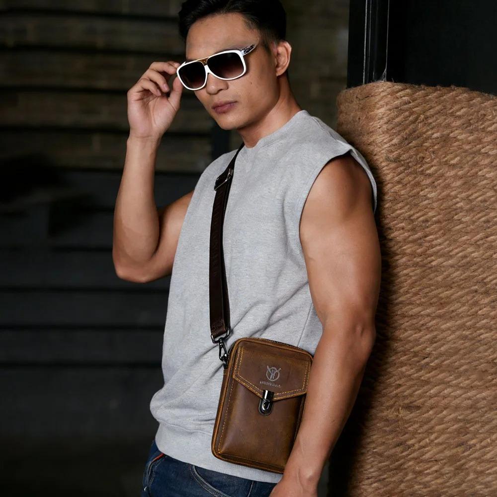 BULLCAPTAIN Мужская сумка-кроссбоди для телефона из натуральной кожи Винтажная мини-сумка на плечо из коровьей кожи Повседневная дорожная сумка-слинг Поясная сумка