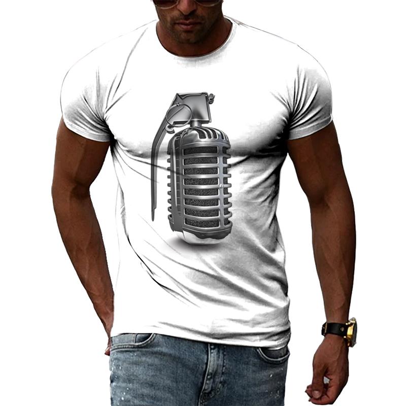 Summer Fashion Music Element Pattern T-shirt Hip-Hop Trend Microphone  Printing Tops Casual Novelty Men's Short Sleeved Clothing