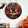 Autumn Atmosphere Hanging Ornament Halloween Wooden Door Hanger Sign, Flame Pumpkin Maple Leaf Printed Round Plaque, Hemp Rope Decor Waterproof