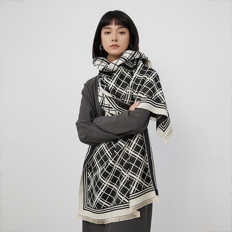 British Style Sub-Fashion Big-Name Scarf Imitation Cashmere Thickened Double-Sided Color Matching Scarf Fringed Foreign Style Women'S Shawl