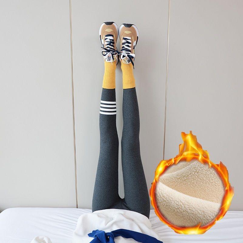 Quality Four White Strips Gray Leggings Women's Outer Wear Trousers High Waist Long Johns Piled Thickened Winter Cotton Pants