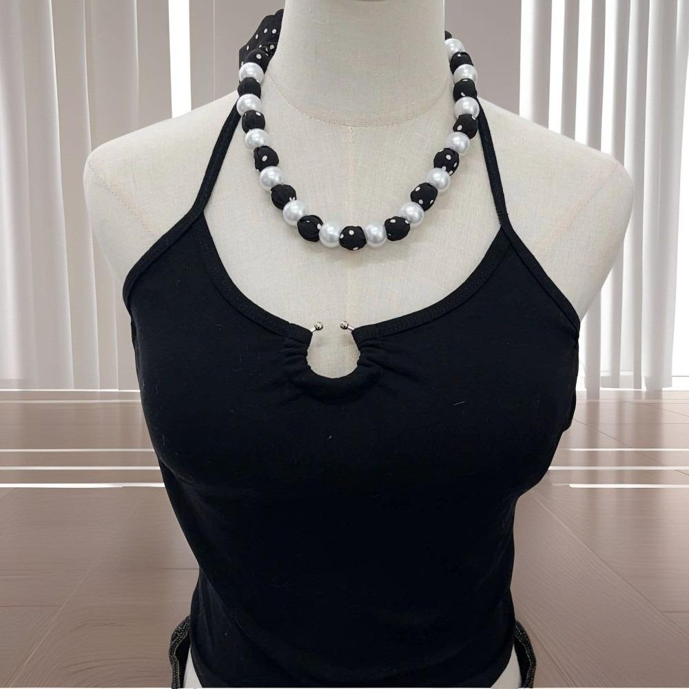 Adjustable Pearl Necklace Scarf Ribbon Polka Dots Scarf All-match Waist Chain Summer Season