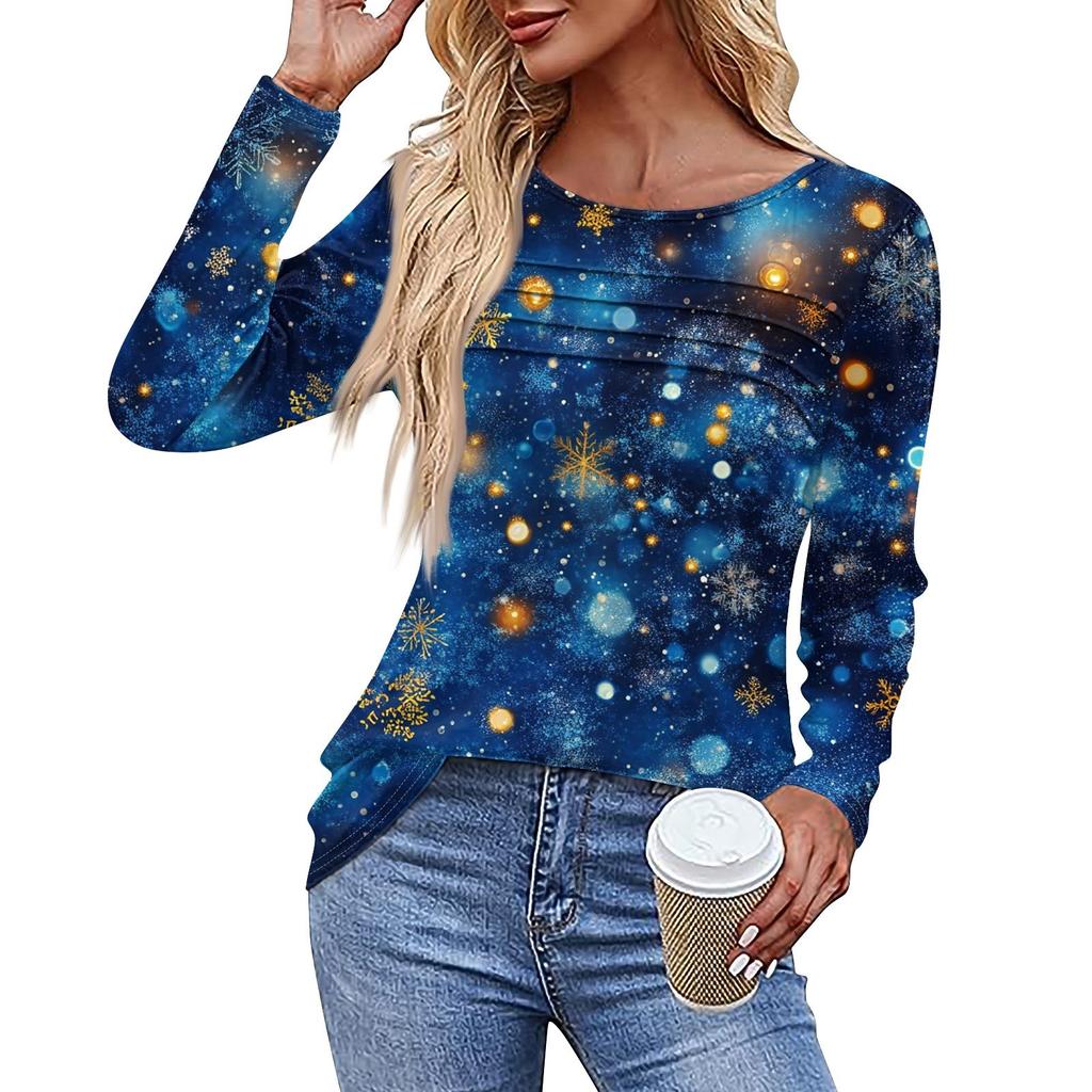 Женская повседневная модная футболка с круглым вырезом и длинными складками на Рождество