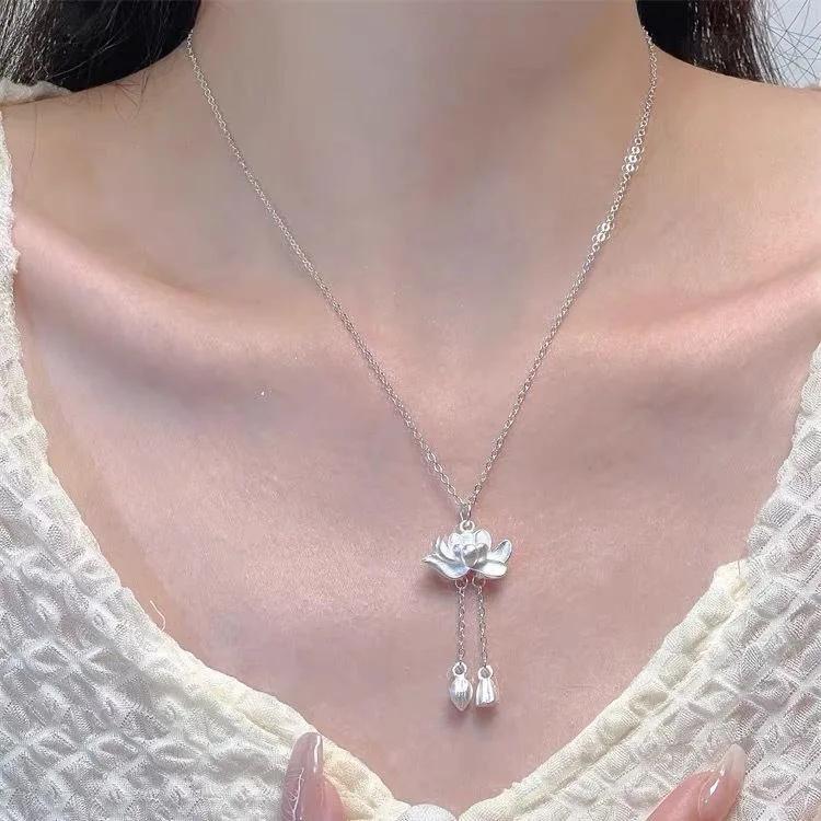 Ожерелье с кисточкой в виде лотоса Женское Новое Популярное На удачу Подвеска в виде лотоса Китайский стиль Элегантные Цветочные ожерелья Ювелирные аксессуары