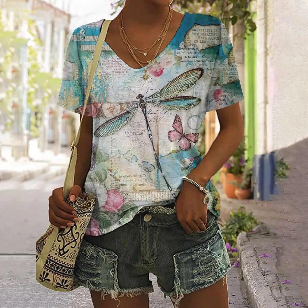 Женская футболка с принтом стрекозы, топы, одежда в стиле Харадзюку для женщин, летние повседневные футболки с v-образным вырезом и короткими рукавами, женский модный пуловер