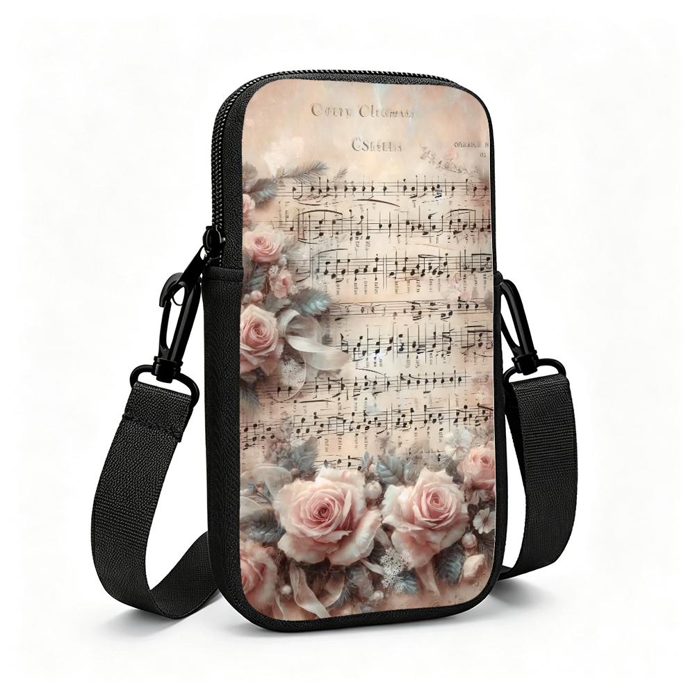 Vintage Sheet Music Rose Floral Print Crossbody Phone Bag, Aesthetic Musical Note Flower Pattern Mini Cell Phone Purse, Christmas Gift Holiday Shoulde