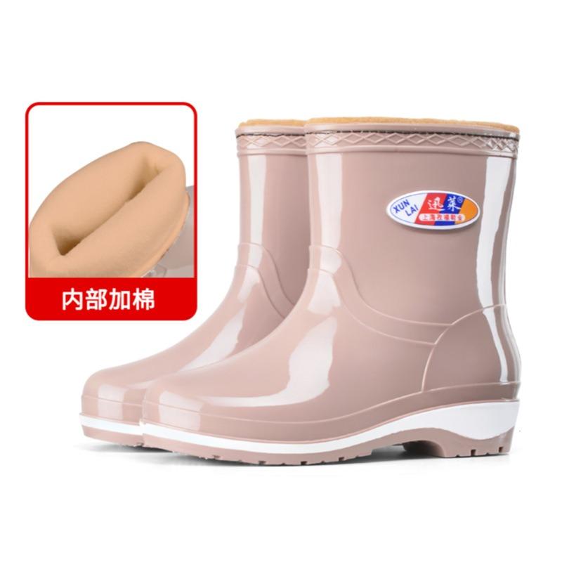 Зимние хлопковые дождевые ботинки женские теплые бархатные резиновые ботинки кухонные утепленные хлопком средней длины водонепроницаемые ботинки средней высоты модные нескользящие чехлы
