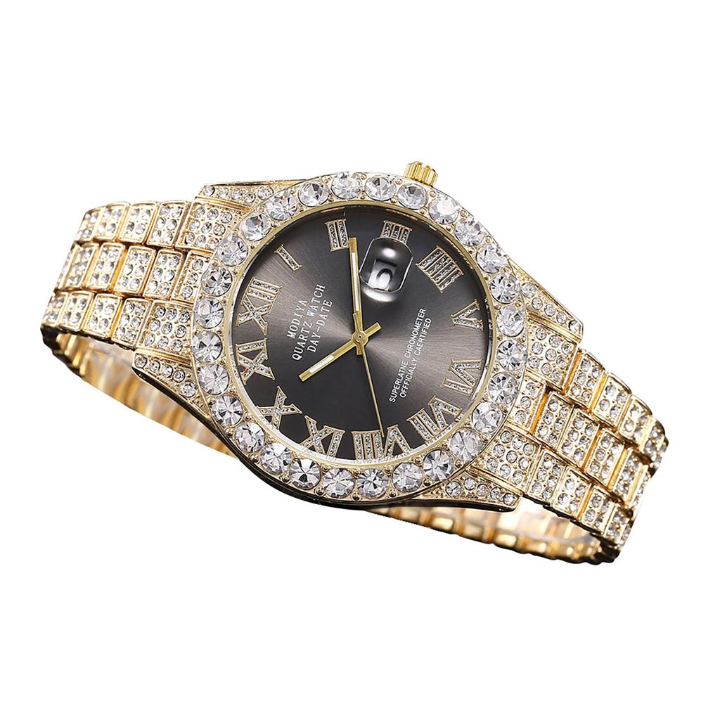 Часы с календарем из водного бриллианта и бриллиантами, римская шкала, стальной ремешок из сплава, мужские часы