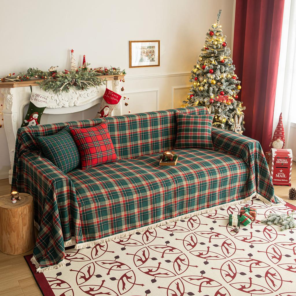 Christmas Plaid Couch Cover with Tassel Washable Sofa Covers Couch Furniture Protector Seat Slipcover Sofa Towel for Living Room