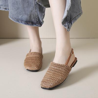 Соломенная плетеная сумка на толстом каблуке и с неглубоким вырезом, сандалии с открытой пяткой, женская обувь, весна-лето 2025, новые сандалии на плоской подошве с одним ремешком