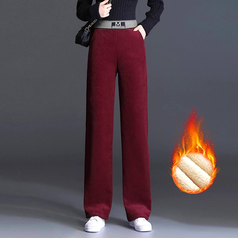 Женские свободные прямые брюки из овечьей шерсти с эластичной флисовой подкладкой, широкие брюки с высокой талией, модные