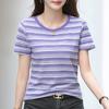 Fashion Striped Right Shoulder Short-sleeved T-shirt For Women Summer New Loose Belly-covering Slim T-shirt Casual Versatile
