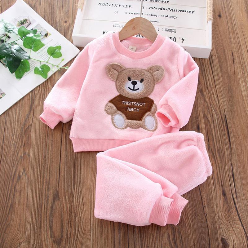 Children's Autumn and Winter Pajamas with Cartoon Bear Flannel Set of Home Clothes