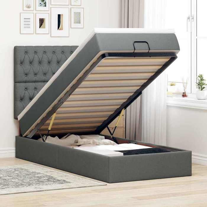 Cadre de lit avec matelas - 90x190 cm - Gris foncé - Rangement sous le lit - Mécanisme de levage hydraulique