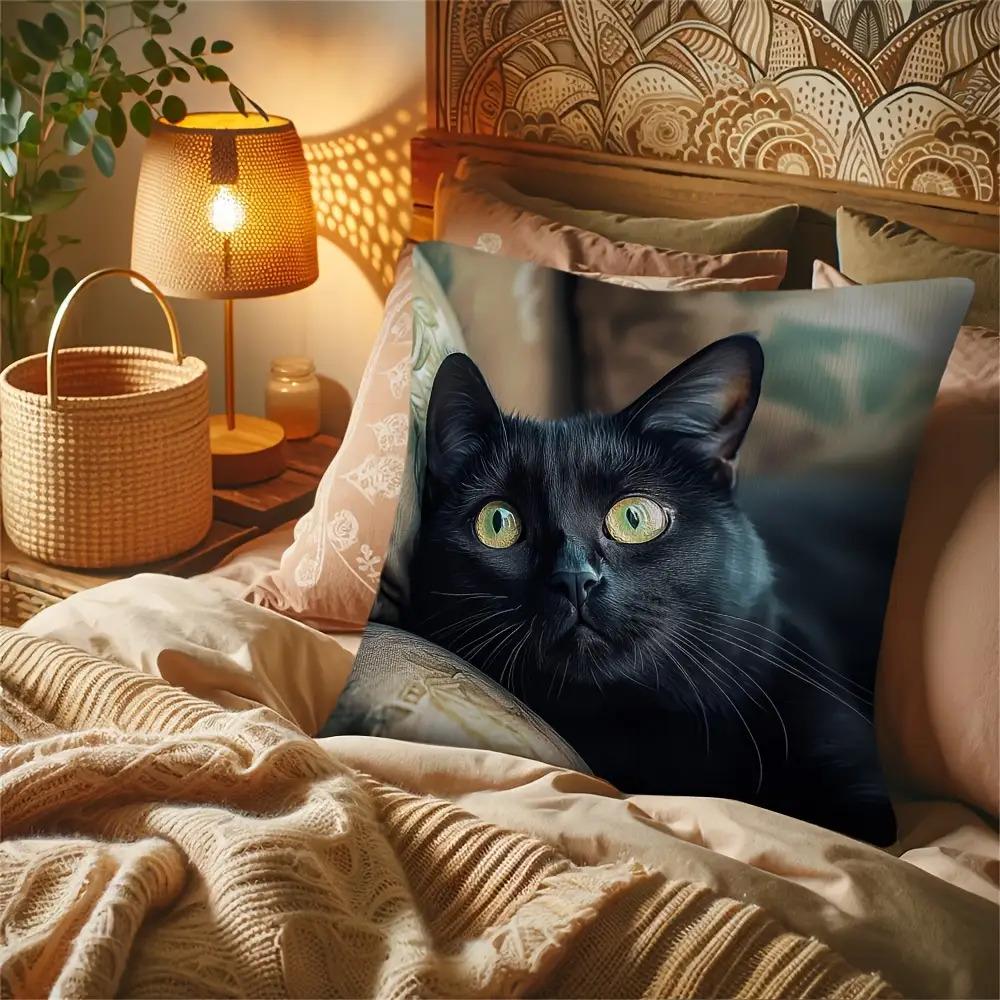 1pc Black Cat Throw Pillow Cover, Machine Washable, Zipper Closure, Double-Sided Print, Comfortable Decorative Pillow Cover, Suitable for Sofa, Bed,