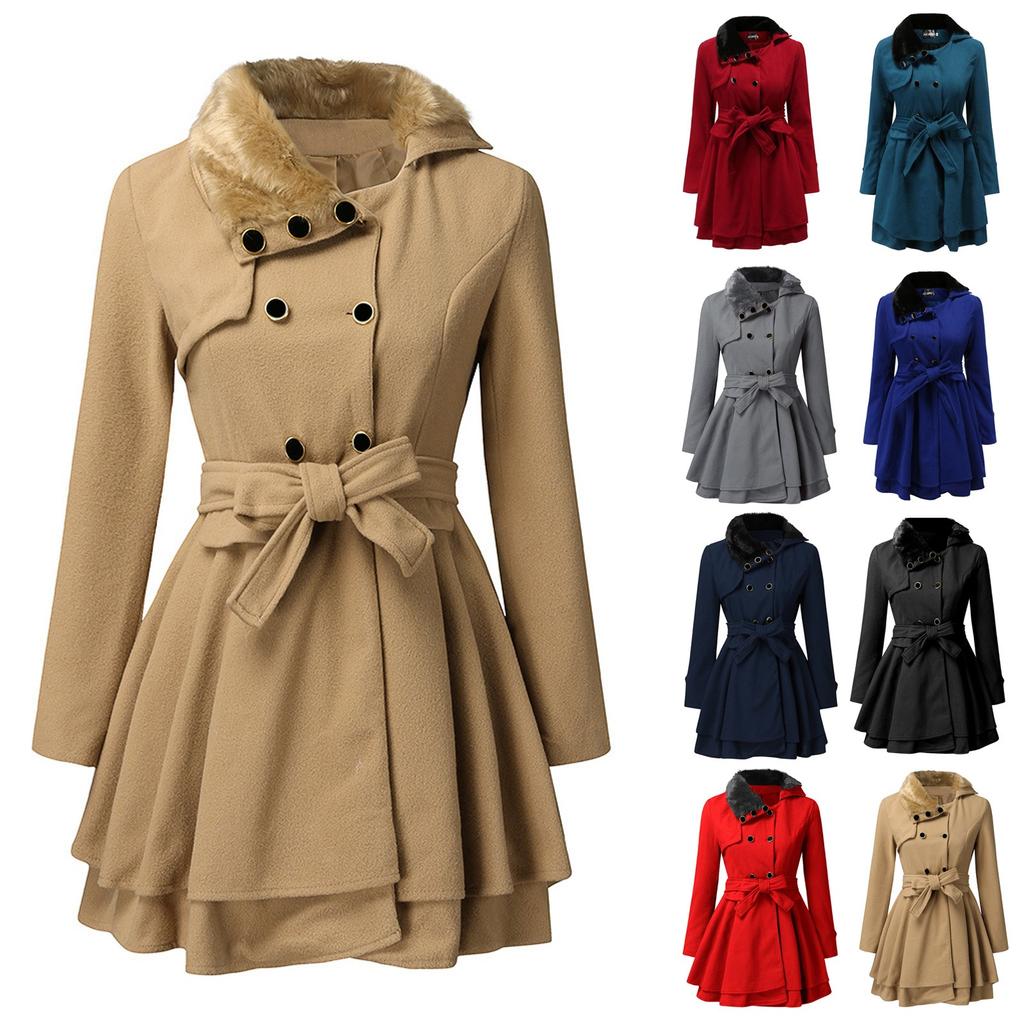 Women's Fashion Lapel Double-Breasted Thick Wool Trench Casual Coat Jacket