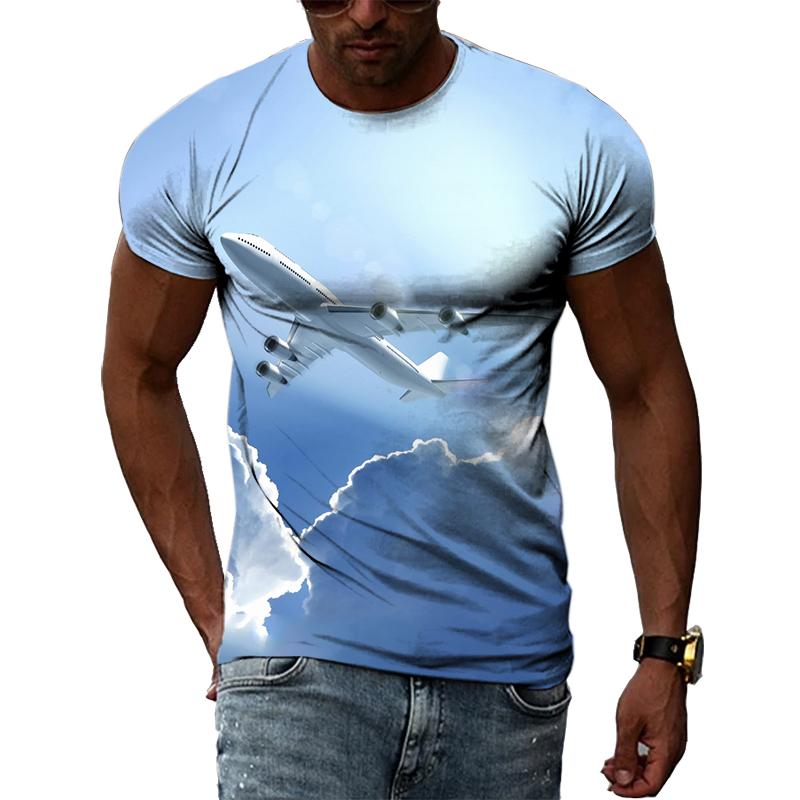 Fashion New 3D Printed Airplane Graphic T Shirts For Men Summer Trend Casual Fun Round Neck Short Sleeve Streetwear Tees Tops