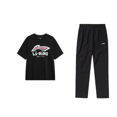 Li Ning Свободный крой Круглый вырез Со спущенным плечом Пуловер Короткий рукав Средняя посадка Эластичные Длинные брюки Повседневный Спортивный костюм Мужские комплекты Черный AHSU711-1+AYKT413-1