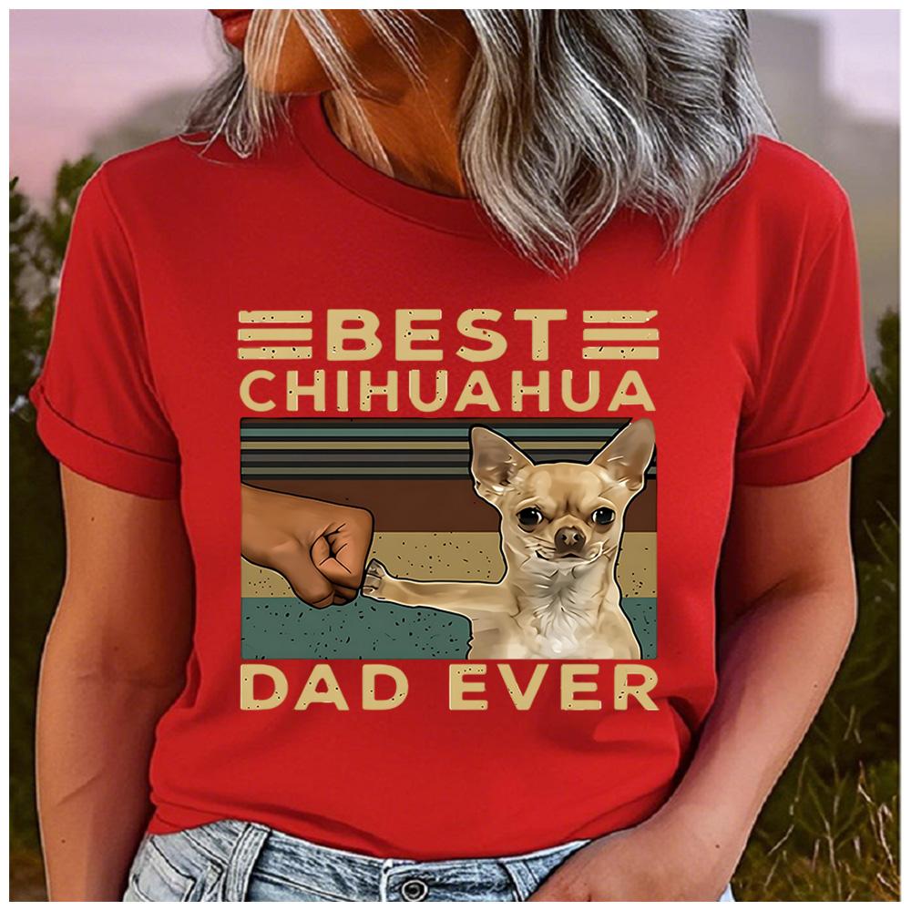Cotton  Retro Striped Best Chihuahua Dad Ever Fist Bump Puppy Print Oversized T Shirt Chihuahua Dog Papa Street Casual Tee