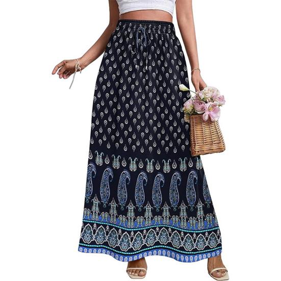 Women Maxi Skirt High Waist A-Line Style Floral Print Long Skirt