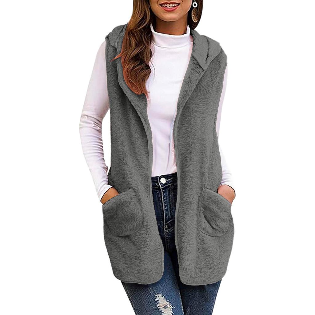 Women's Fashionable Solid Color Hooded Warm Jackets Sleeveless Plush Vest Cardigan Coat With Pockets