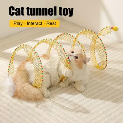 Игрушка туннель для кошек Спиральная игрушка для котят Складная конструкция Легко устанавливается Интерактивный спиральный туннель для кошек с игрушкой-пером