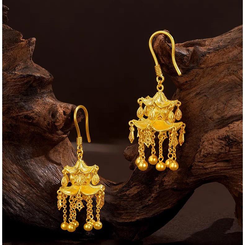 Women's 24K Gold (AU999) Ancient Pavilion Lantern Earrings | Matte-Gilt Two-Tone Lantern, Chiseled Lotus with Pearl Tassel