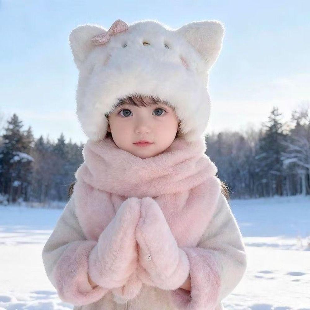 2/3Piece Set Neck Protection Feature Cat Plush Hat Scarf Set Kids Plush Hat Set Daily Wear