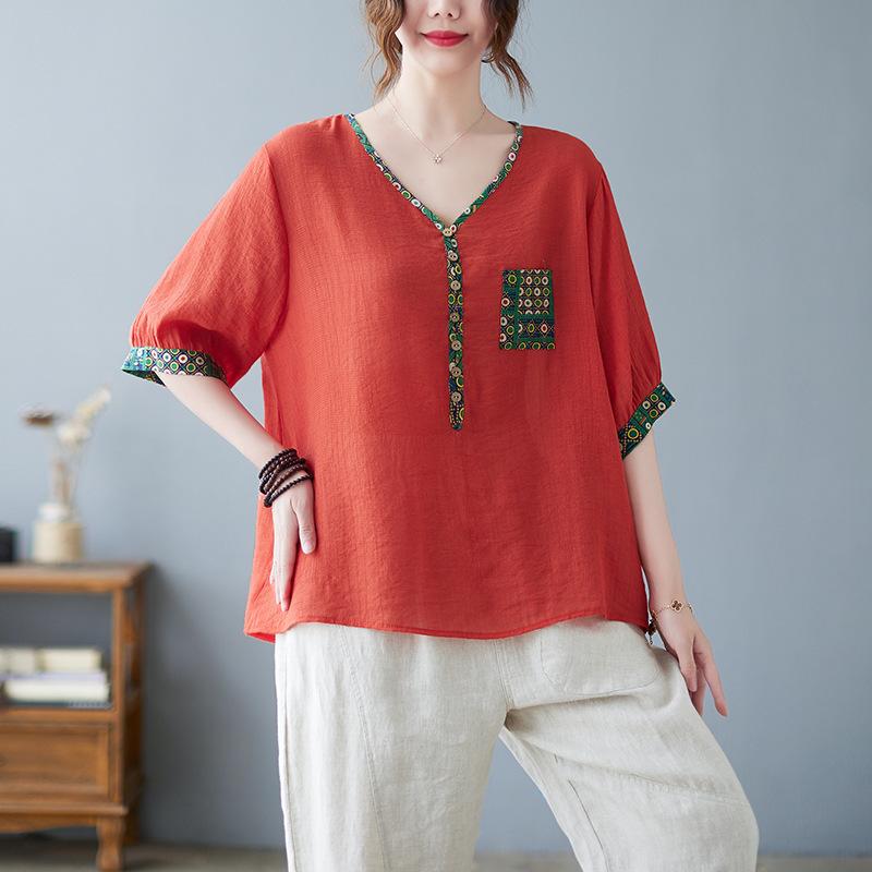 Хлопок и Лен Толстый Мм Поддельный Костюм-двойка для Матери Литературный Большой Размер Свободный Скрывающий Живот Стройнящий Маленькая Рубашка Футболка С Коротким Рукавом Топ