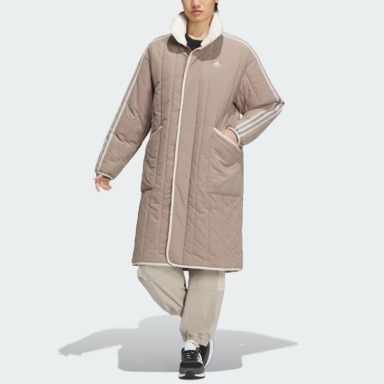 Adidas Комфортное стеганое пальто с тремя полосками, длинная спортивная повседневная хлопковая куртка, женские пальто, розово-коричневый цвет IL8953
