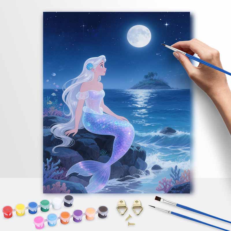 Disney mermaid moonlight sea oil painting hand painting coloring painting handmade diy home decoration gift