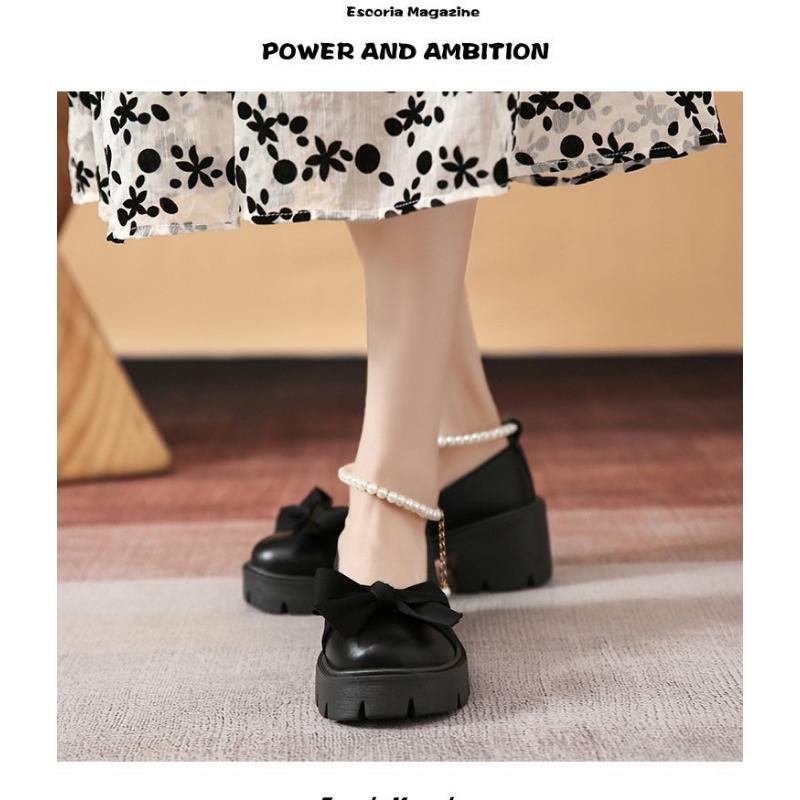 Кожаные туфли, женские туфли Мэри Джейн на толстом французском толстом каблуке с жемчужным бантом и одинарной обувью