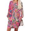 Women's Retro Printed Fashionable Long-sleeved Round-neck Pocket Dress