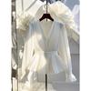 Youth Elegant Pleated White Long Sleeve Button Up Shirt Women V Neck Ruffle Tunic Basic Blouse Chiffon Lady Office Casual